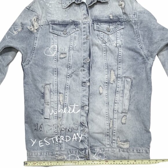 ZARA TRAFALUC DENIM Destroyed Graffiti Long Jean Jacket Women Small 90s Grunge - Picture 14 of 16